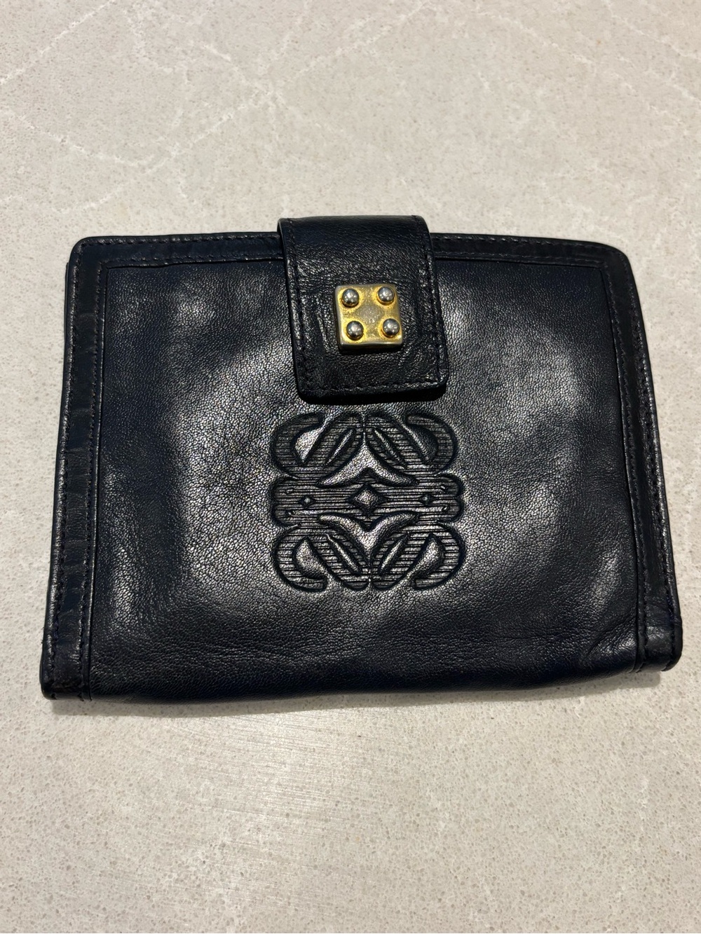 Loewe Vintage Anagram Midnight Navy Leather Compact Wallet Luxury Classic